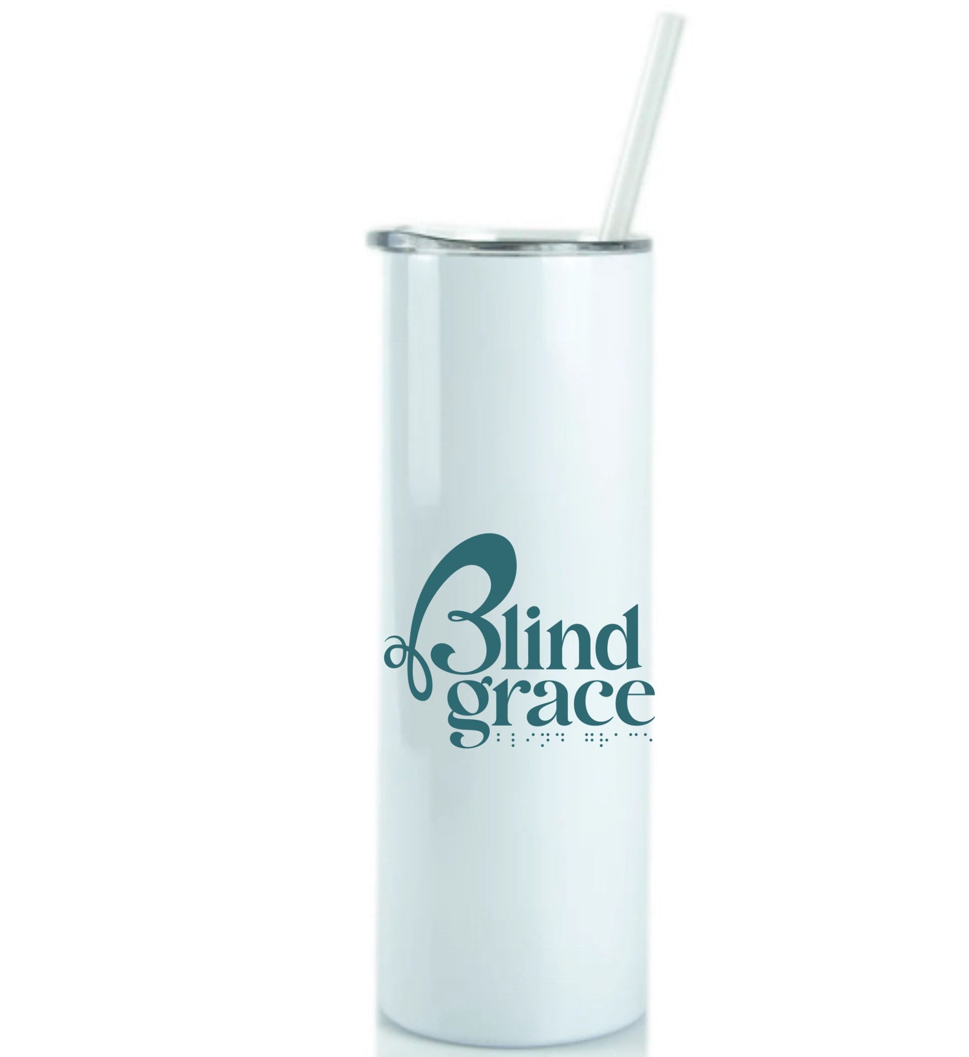 20 ounce white tumbler with blind grace logo in teal and blind grace in braille