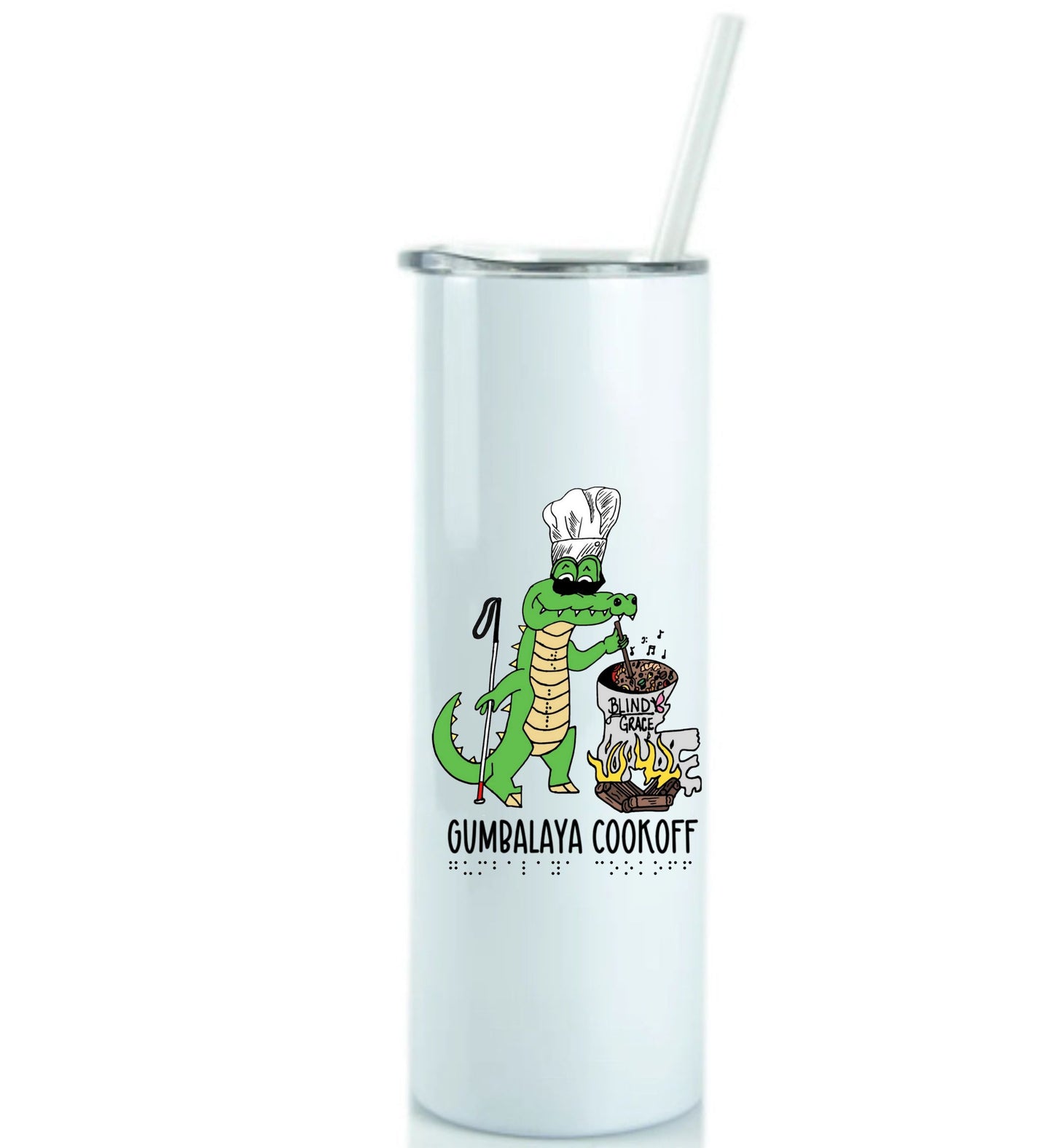 20 ounce white tumbler with Gumbalaya logo and Gumbalaya Cookoff in braille below the image