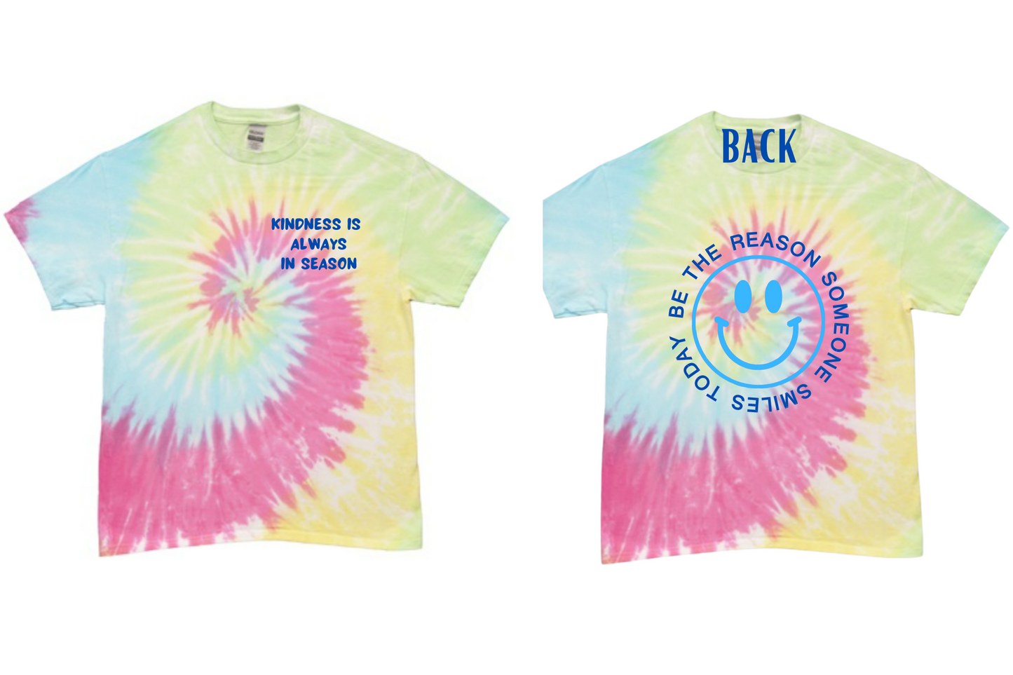 tie dye short sleeve shirt with "kindness is always in season" on the left chest area of the shirt and Community Grace on the sleeve in navy blue tones. On the back of the shirt there is a smiley face in a vibrant electric blue color with the words "BE THE REASON SOMEONE SMILES TODAY" around it in capital letters in a navy blue tone